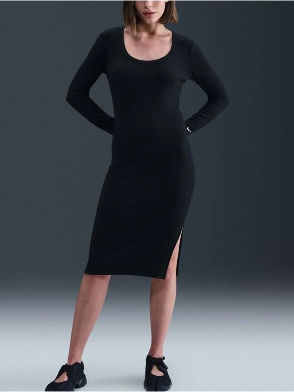 NWT Nike Sportswear Chill Knit Women's Tight LS Midi Mini-Rib Dress Small Black